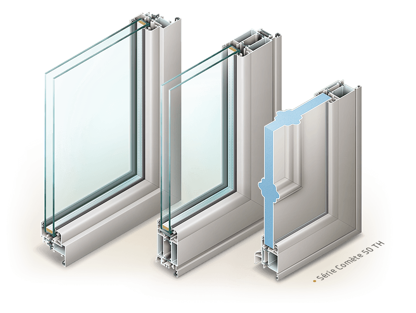 Illustrations de fenêtres Installux. 3 vues en coupes de la série Comète 50TH.