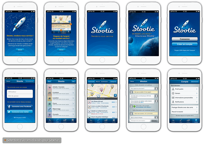 Ecrans de l'application mobile Stootie