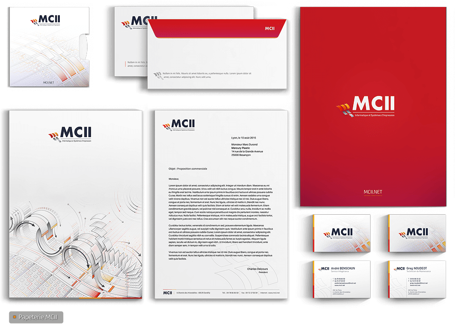 Création de la papeterie MCII : couverture de brochure, cartes de visite, papier en-tête